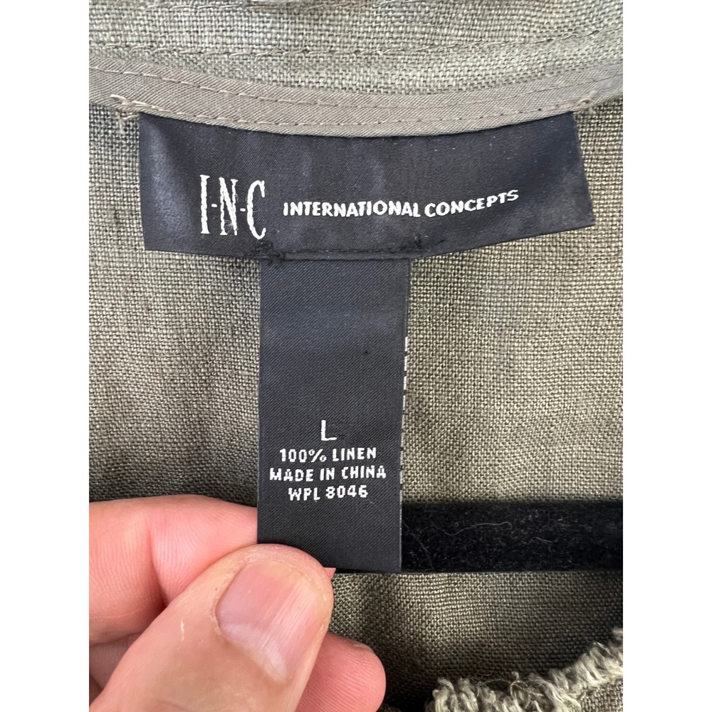 INC Olive Green Linen Jacket Size L Peplum Hem Lagenlook Coastal Minimalist - Picture 3 of 7